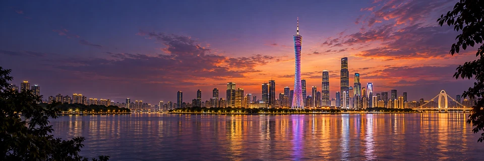 Illustrative Guangzhou night skyline, Canton Tower and Pearl River reflections