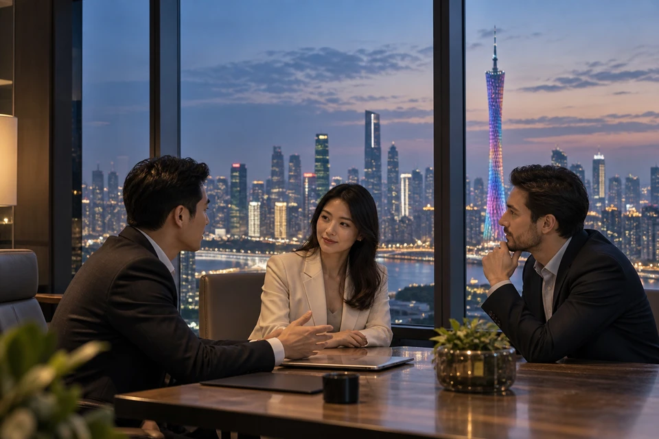 Illustrative business discussion overlooking Guangzhou and Canton Tower