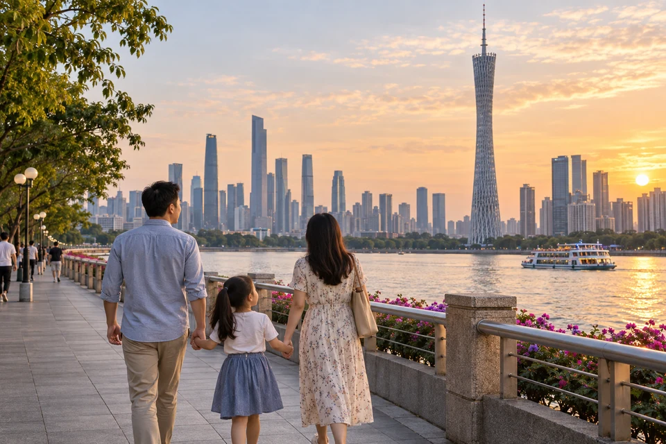 Illustrative family walking beside the Pearl River with Canton Tower in Guangzhou