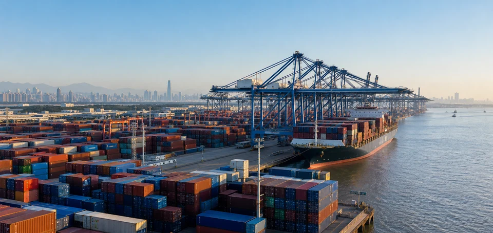 Illustrative port cranes, containers and business logistics scene