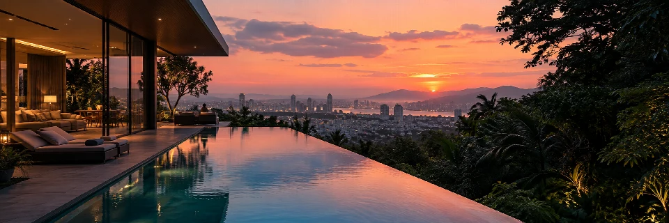 Illustrative contemporary terrace and infinity pool overlooking a city at sunset