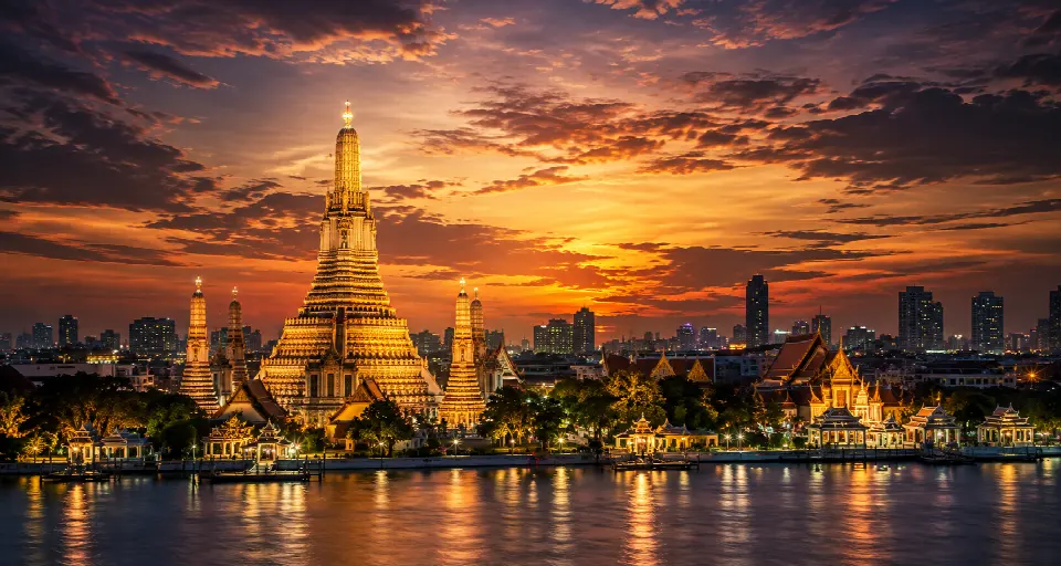 Wat Arun and the Bangkok riverside at sunset — illustrative destination artwork