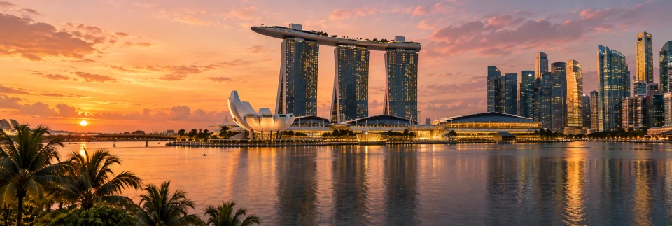 Illustrative Singapore waterfront skyline at sunset
